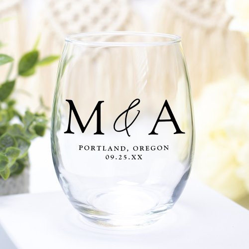 Modern Elegant Monogram Wedding Favor Stemless Wine Glass