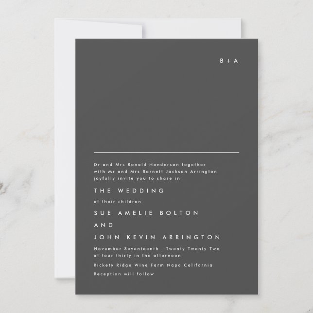 Modern Elegant Monogram White Dark Gray Wedding Invitation (Front)