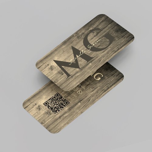 Modern Elegant Monogram Wood Woodworking QR Business Card