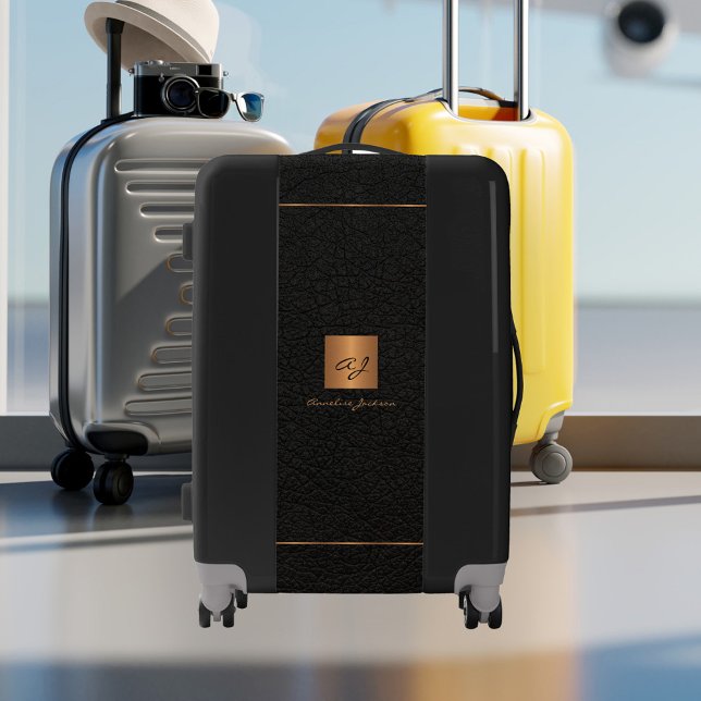 Modern elegant monogrammed black gold simple luggage (Creator Uploaded)