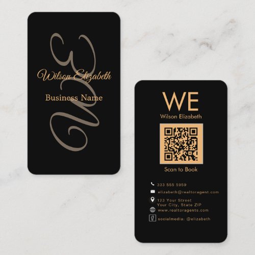 Modern elegant monogrammed black  QR code Business Card