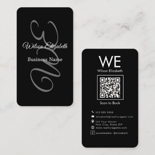 Modern elegant monogrammed black QR code Business Card