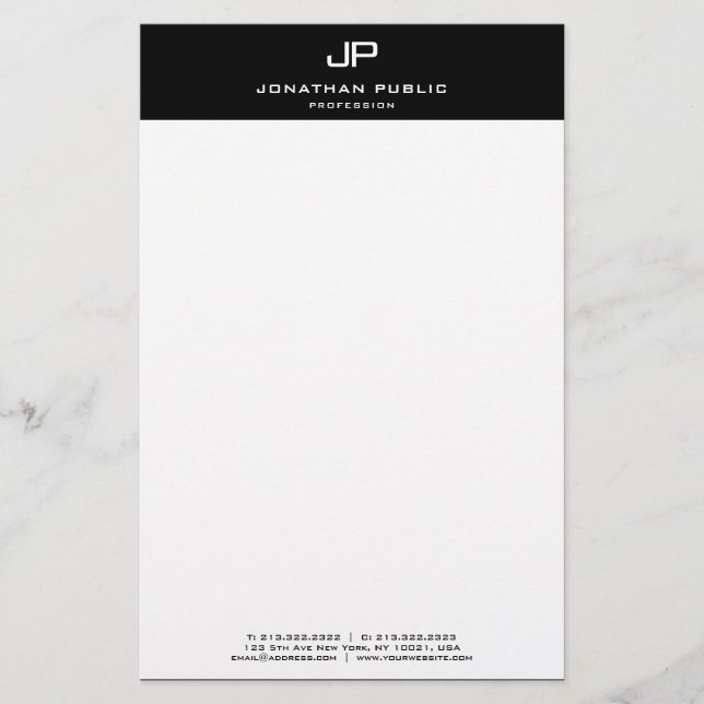 Modern Elegant Monogrammed Black White Template Stationery (Front)