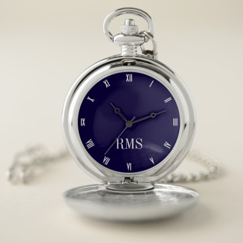 Modern Elegant Monogrammed Classic Navy Blue Mens Pocket Watch
