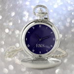 Modern Elegant Monogrammed Classic Navy Blue Mens Pocket Watch<br><div class="desc">Create your own custom, personalized, stylish classy modern, beautiful elegant faux silver script typography monogrammed, classic, roman numerals, chic, premium alloy, navy blue and silver pocket watch. Simply type in your name / monogram / initial, to customize. Makes a great gift, for birthday, graduation, fathers day, christmas, holidays, wedding, marriage...</div>