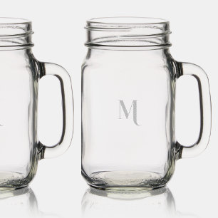 Modern Elegant Monogrammed Engraved Etched Rustic Mason Jar W/ Handle
