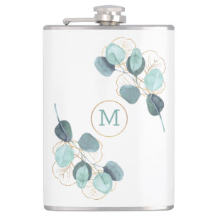 Modern Elegant Monogrammed Eucalyptus Gold  Flask