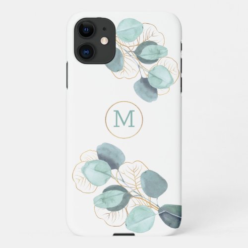 Modern Elegant Monogrammed Eucalyptus Gold iPhone 11 Case