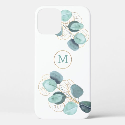 Modern Elegant Monogrammed Eucalyptus Gold iPhone iPhone 12 Case