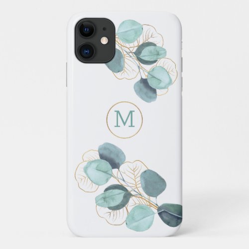 Modern Elegant Monogrammed Eucalyptus Gold iPhone  iPhone 11 Case