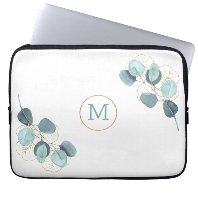 Modern Elegant Monogrammed Eucalyptus Gold Laptop  Laptop Sleeve (Front)