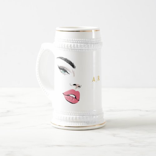 Modern Elegant Monogrammed Eyes Lips Brows Beer Stein