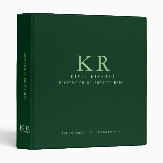 Modern Elegant monogrammed green 3 Ring Binder (Front/Spine)