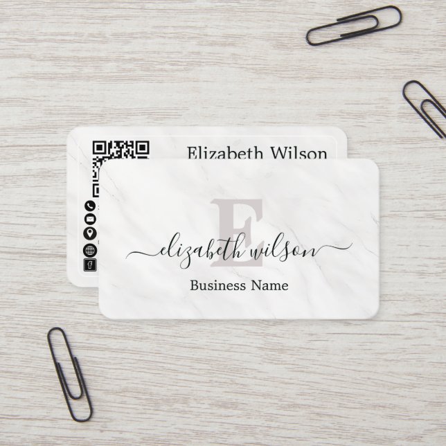 Modern elegant monogrammed QR code business cards (Front/Back In Situ)