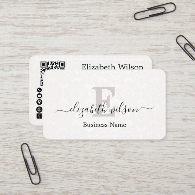 Modern elegant monogrammed QR code business cards (Front/Back In Situ)