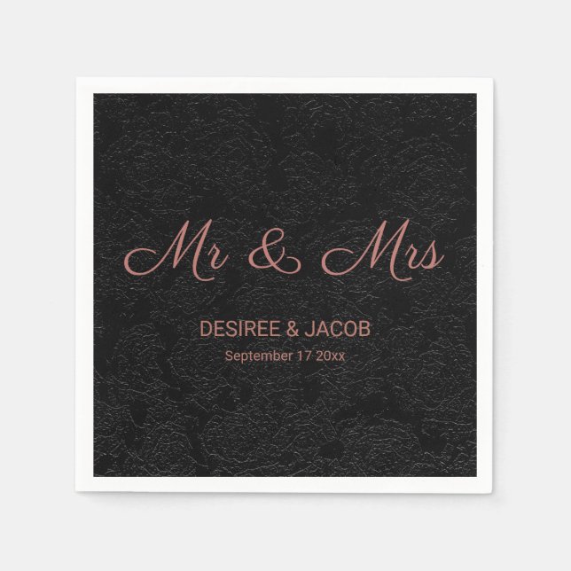 Modern Elegant Mr And Mrs Black Rose Gold Floral Napkins (Front)