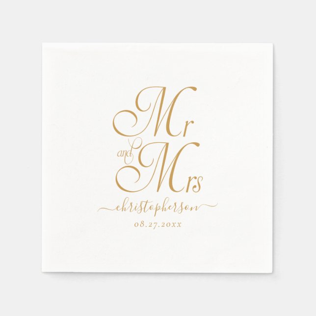 Modern Elegant Mr and Mrs Gold Script Wedding Napkins (Front)