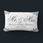 Modern Elegant Mr and Mrs Name Newlyweds Lumbar Pillow<br><div class="desc">Make an elegant personalized newlywed gift that features their names,  the wedding date,  and the Mr. & Mrs. saying in script font.
Modern white and blue design is decorated with a lace look pattern in the corners.</div>