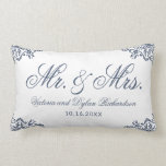 Modern Elegant Mr and Mrs Name Newlyweds Lumbar Pillow<br><div class="desc">Make an elegant personalized newlywed gift that features their names,  the wedding date,  and the Mr. & Mrs. saying in script font.
Modern white and blue design is decorated with a lace look pattern in the corners.</div>