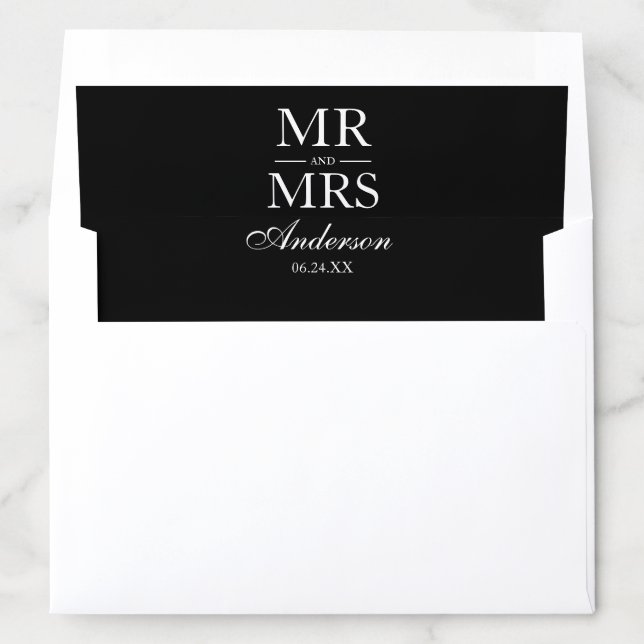 Modern Elegant Mr. and Mrs. Wedding Blk Envelope Liner (In Envelope)