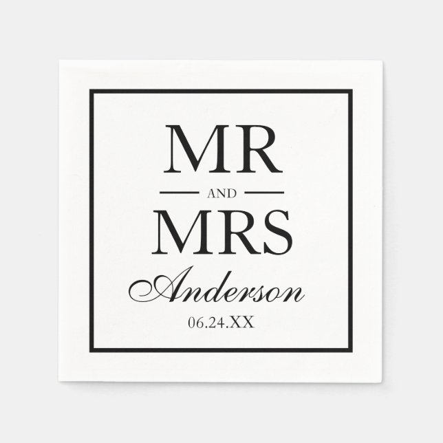 Modern Elegant Mr. and Mrs. Wedding BW Napkins (Front)