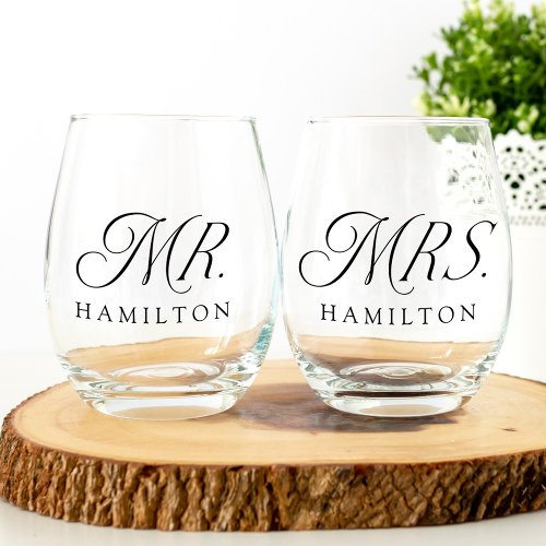 Modern Elegant Mr and Mrs Wedding Newlyweds Stemless Wine Glass