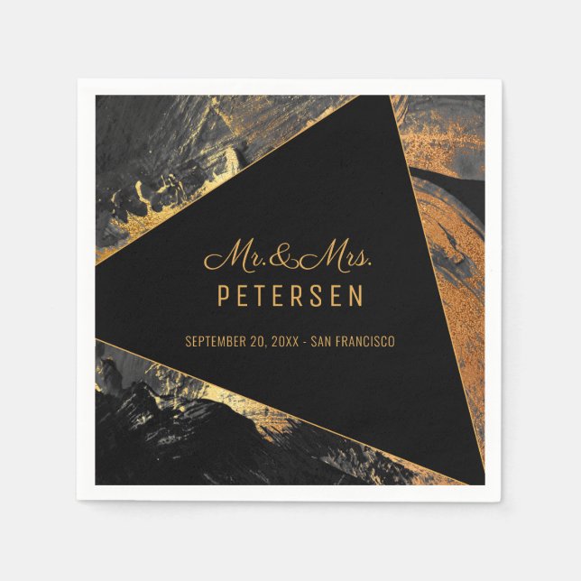 Modern elegant Mr & Mrs gold and black wedding Napkins (Front)
