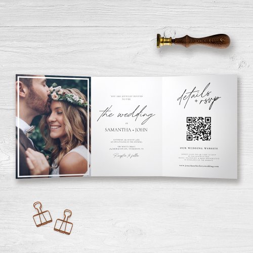 Modern Elegant Multi Photo QR Code Wedding Tri_Fold Invitation