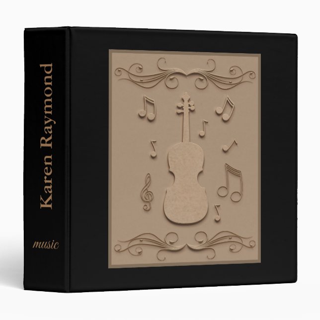 Modern Elegant Musical Notes with Guitar Wooden 3 Ring Binder (Front/Spine)
