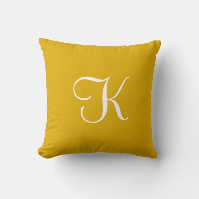 Modern Elegant Mustard Yellow Script Monogram Throw Pillow (Front)