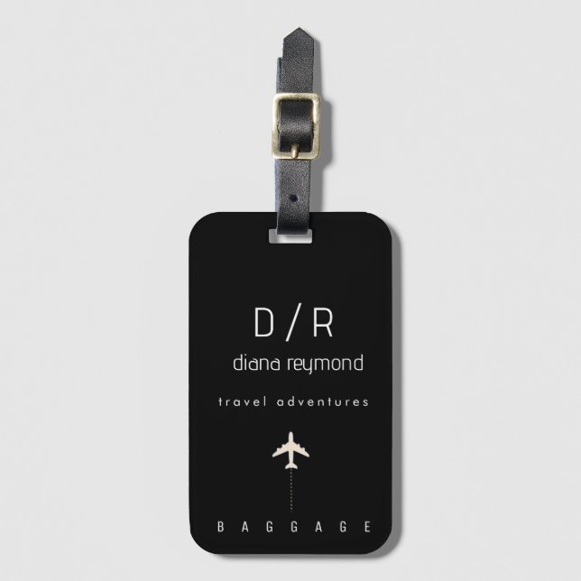 Modern Elegant Name Black Monogram  Luggage Tag (Front Vertical)