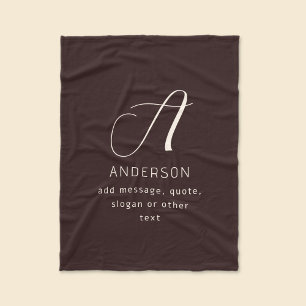 Modern Elegant Name & Monogram   Dark Brown Fleece Blanket