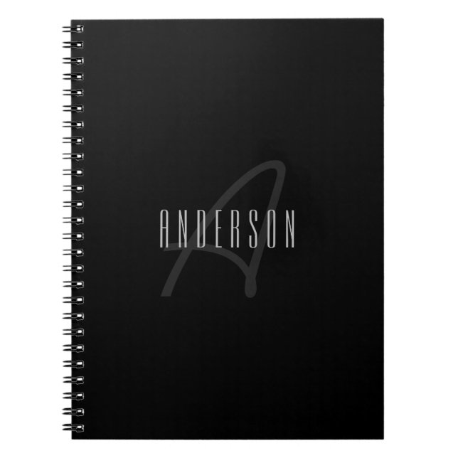 Modern Elegant Name & Monogram | Dark Grey & Black Notebook (Front)