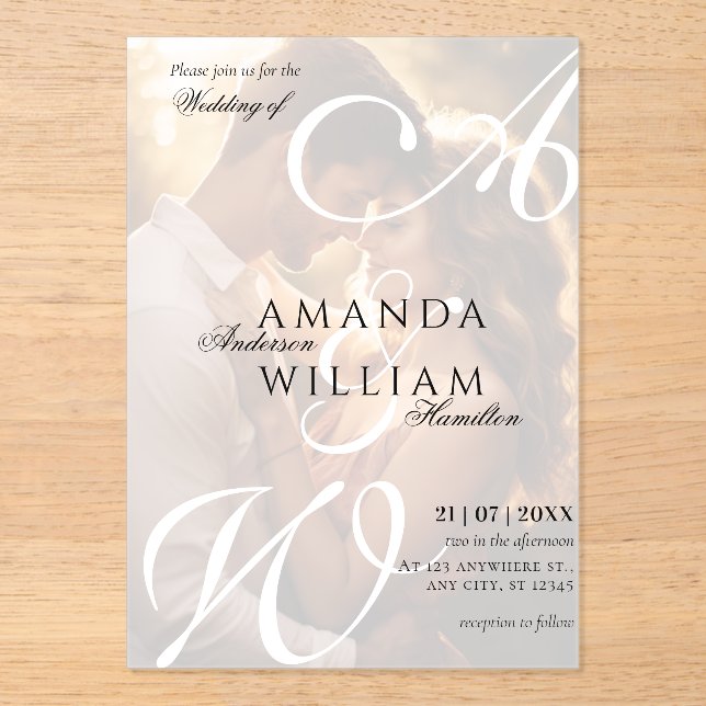 Modern Elegant Names Script Photo Wedding Acrylic Invitations (Front)
