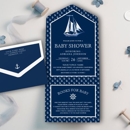 Modern Elegant Nautical Ship Navy Blue Baby Shower All In One Invitation