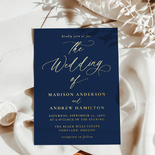 Modern Elegant Navy and Gold Calligraphy Wedding Foil Invitation