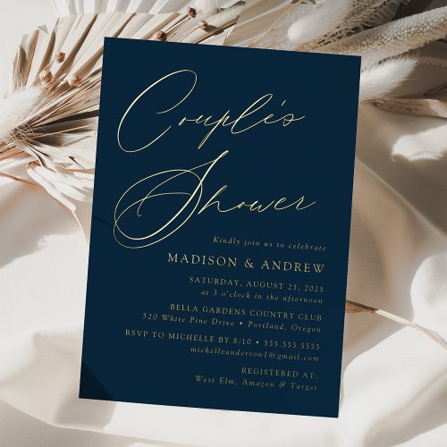 Modern Elegant Navy and Gold Couples Shower Foil Invitation