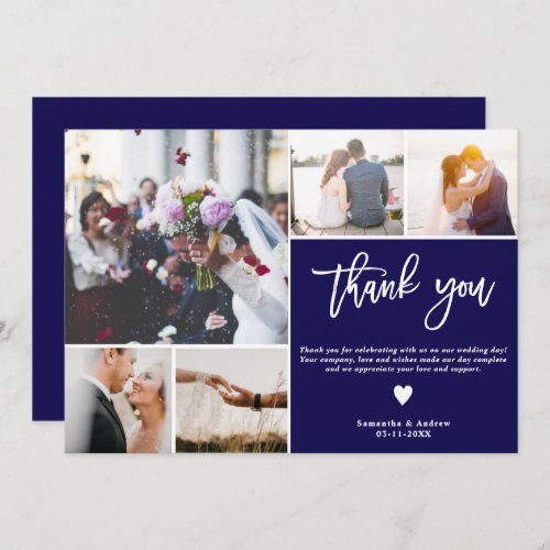 Modern elegant navy blue 5 wedding photos grid thank you card