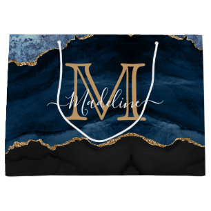 Modern Elegant Navy Blue Agate Geode Monogram Large Gift Bag