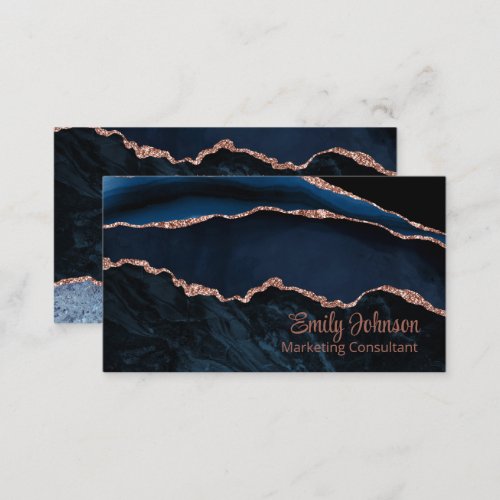 Modern Elegant Navy Blue Agate Rose Gold Glitter Business Card