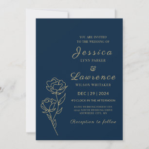 Modern Elegant Navy blue and gold Floral  Wedding  Invitation
