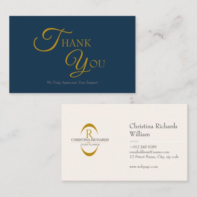 Modern Elegant Navy Blue and Gold Thank You Card (Front/Back)
