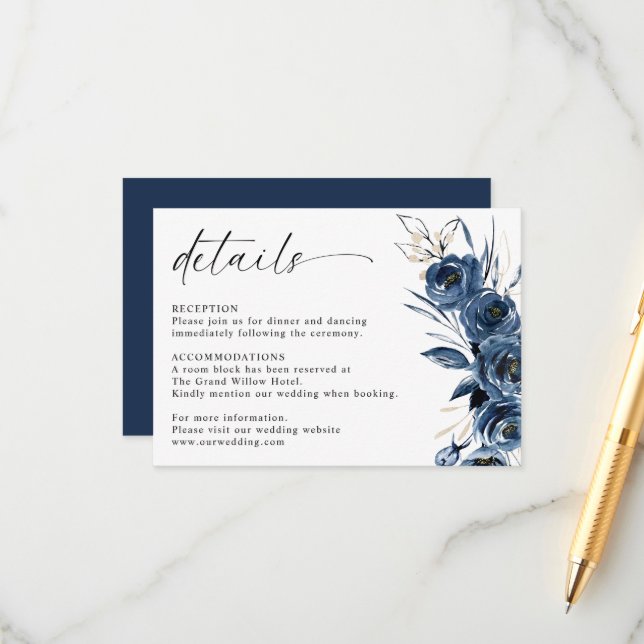 Modern Elegant Navy Blue Boho Flowers Wedding Enclosure Card (Front/Back In Situ)