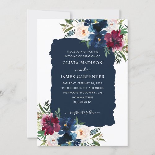 Modern Elegant Navy Blue Burgundy Floral Wedding Invitation