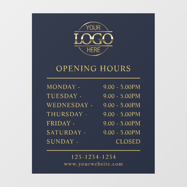 Modern Elegant Navy Blue | Business Opening Hours Window Cling (Sheet)