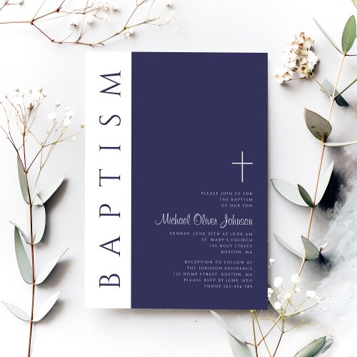 Modern Elegant Navy Blue Cross Baptism Invitation