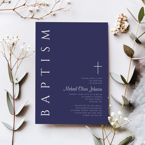 Modern Elegant Navy Blue Cross Baptism Invitation