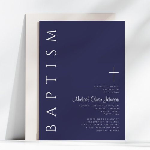 Modern Elegant Navy Blue Cross Baptism Invitation