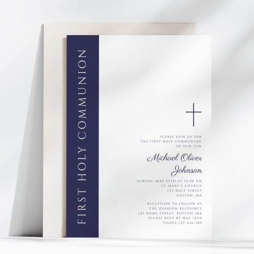 Modern Elegant Navy Blue Cross First Communion Invitation