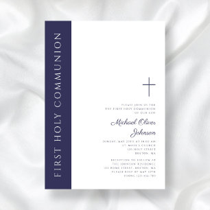Modern Elegant Navy Blue Cross First Communion Invitation